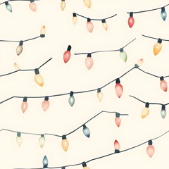 Minimalist watercolor Christmas lights strung in soft pastel colors scattered on a light cream background creating a seamless festive pattern for holiday decor cards wrapping paper and more