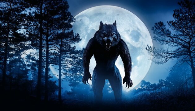 Lobisomem em uma floresta escura iluminada por uma lua cheia