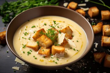 A bowl of thick garlic soup with a generous layer of melted cheese, placed on a white surface with a scattering of croutons and herbs around