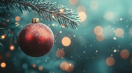 A vibrant red ornament dangles from a green pine branch, illuminated by soft, glowing lights in the background. Snowflakes gently fall, creating a cozy and festive atmosphere, perfect for celebrating 