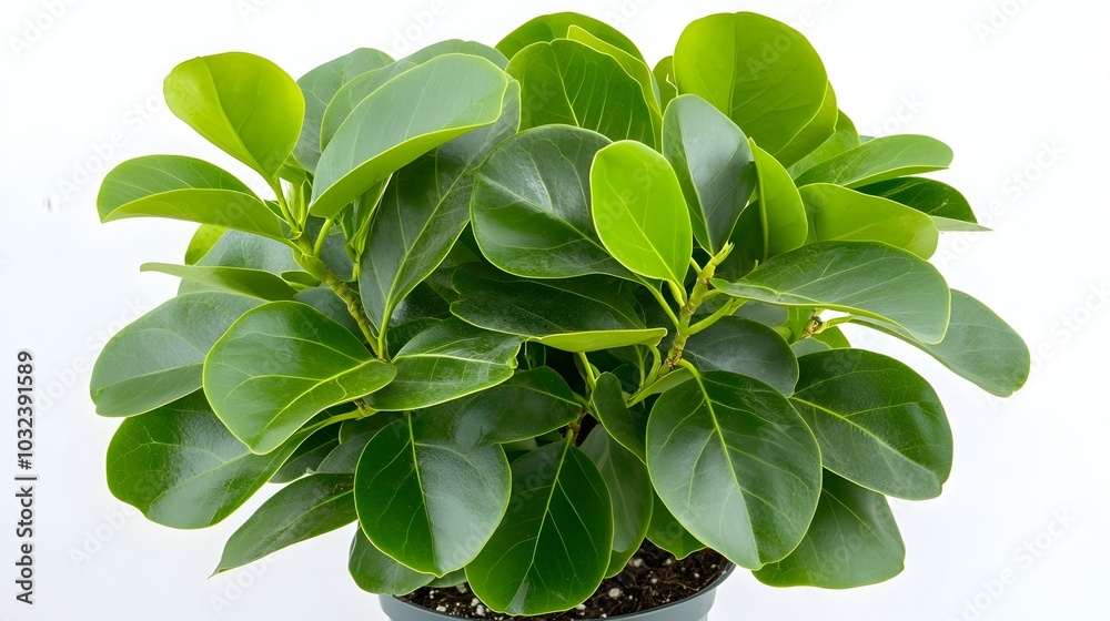 Poster lush green ficus benjamina plant with circular elegant drooping branches isolated against a clean wh