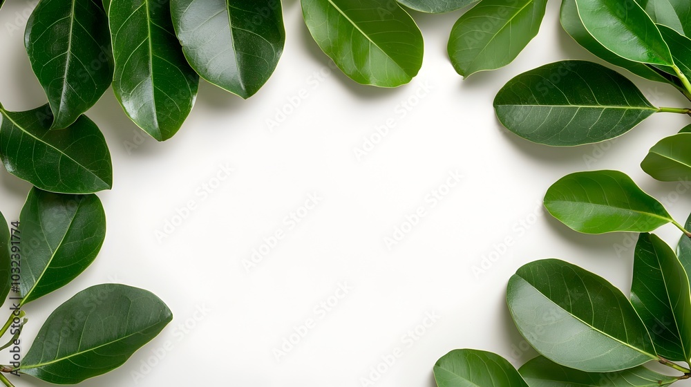 Poster Lush verdant Ficus Benjamina leaves arranged in a delicate circular botanical composition framed by the weeping fig foliage and set against a clean pristine white background with clipping path