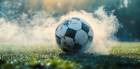 A worn soccer ball sits in the grass, with wispy smoke swirling around it, as the sun shines down.