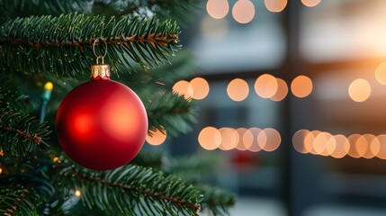 Beautifully lit Christmas tree with a collection of colorful shiny ornaments and hanging from its lush evergreen branches creating a warm cozy and joyful holiday atmosphere