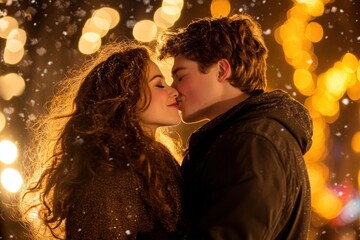 A joyful couple is closely embracing on a festive street, snowflakes dusting their winter attire, as they share a moment of contentment under the twinkling holiday lights, new year kiss snow 