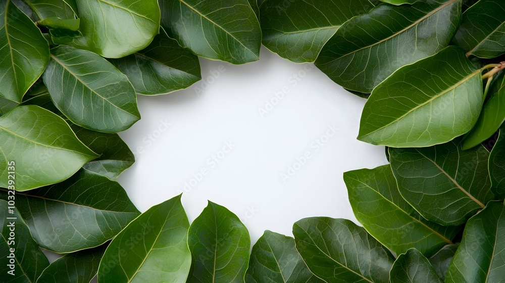 Poster beautifully framed circular arrangement of vibrant graceful ficus benjamina leaves set against a cri