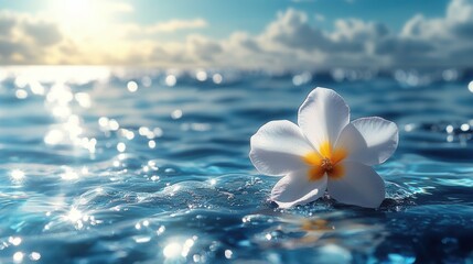 A delicate white flower drifts on the tranquil surface of the ocean, reflecting warm hues from the sunset above. The water glistens as waves gently cradle the bloom, creating a peaceful atmosphere.