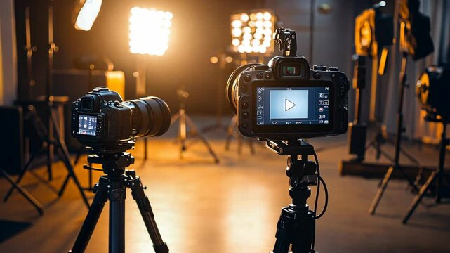 Two cameras on tripods are set up in a studio with bright lights