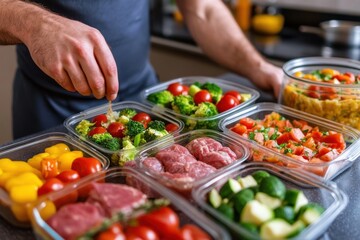 A lifestyle shot of a man enjoying a homemade meal prep with containers filled with nutritious and portioned meals.