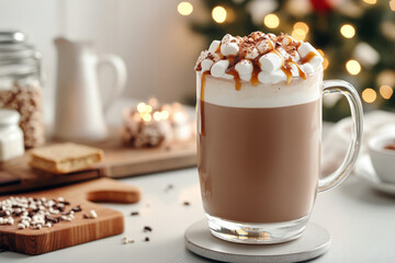 Caramel latte topped with marshmallows and caramel drizzle in a cozy kitchen