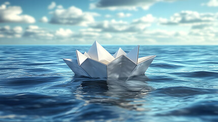 Obraz premium A Single Paper Boat Floats on the Ocean's Surface with a Clear Blue Sky and White Clouds in the Background - Abstract Animation - Background Video