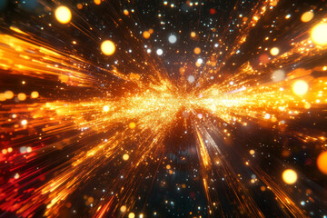 Fototapeta premium Dynamic background with an explosion of glowing golden particles and light streaks