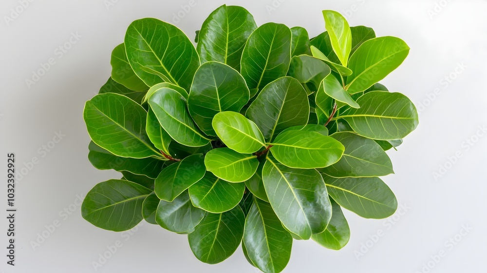 Poster Verdant lush foliage of a Ficus Benjamina plant arranged in a graceful symmetrical pattern on a clean minimalist white studio backdrop