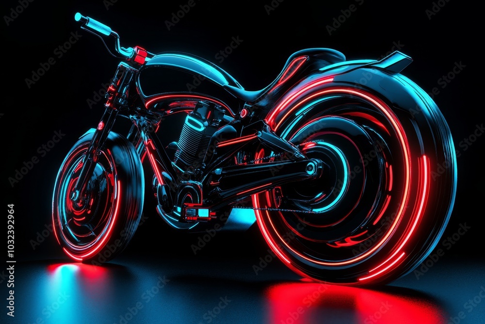 Poster holographic retro bicycle floating, blending old design with futuristic elements