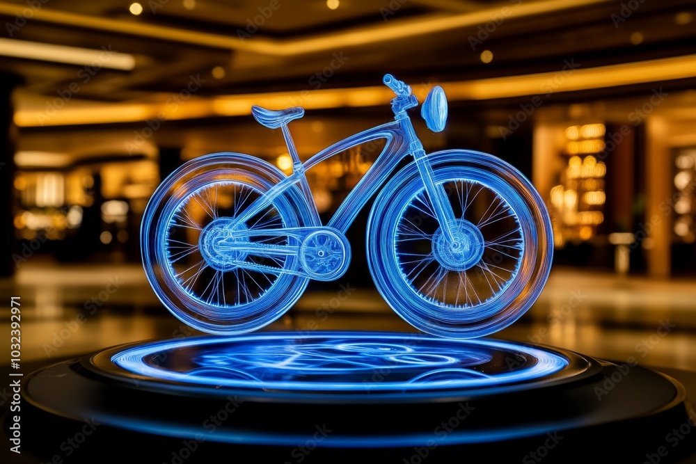 Poster holographic retro bicycle floating, blending old design with futuristic elements