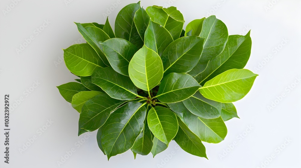 Poster lush verdant foliage of a ficus benjamina plant arranged in a symmetrical circular pattern on a clea
