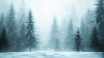 Fototapeta premium Snowy forest landscape with evergreen trees and falling snowflakes in winter wonderland