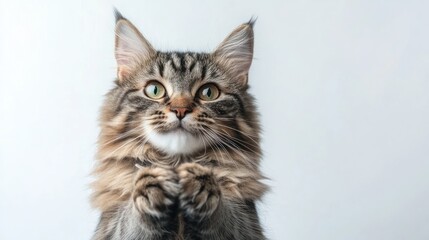 A curious tabby cat with green eyes looks up with its paws together.