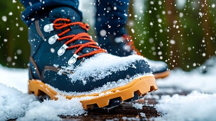 Close up view of snow boots leaving fresh footprints in the snow on a scenic forest trail capturing the essence of winter outdoor adventure and