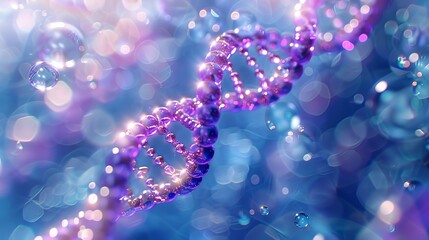 Beautiful spiral of pink DNA double helix with light bokeh and bubbles, gracefully floating on a blue background