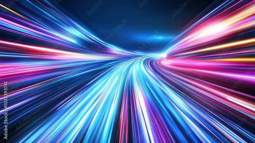 Fototapete Abstract futuristic background featuring rapid neon light trails in shades of blue and pink, creating a dynamic and high-tech atmosphere. This digital design concept emphasizes speed and movement, ref