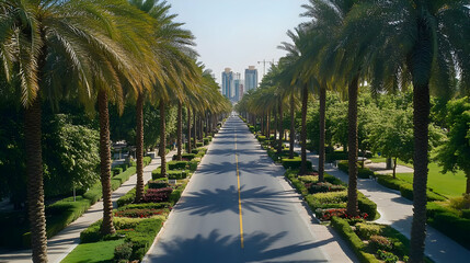Obraz premium Empty Road Lined With Palm Trees And Lush Greenery Leads To Distant Cityscape