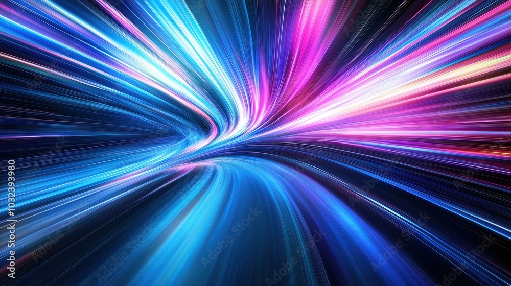 Fototapete abstract futuristic background featuring rapid neon light trails in shades of blue and pink, creatin