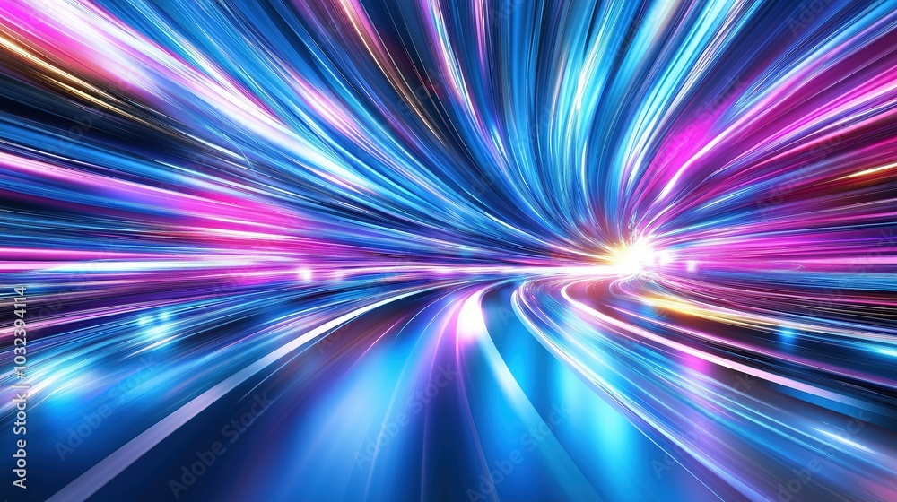 Fototapete abstract futuristic background featuring rapid neon light trails in shades of blue and pink, creatin