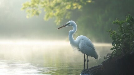 Naklejka premium White Egret in Mist on a Lake