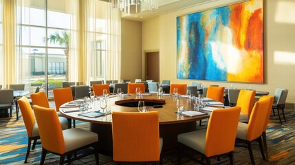 A modern dining room with a large round table and orange chairs, surrounded by large windows.  There is a large abstract painting on the wall.