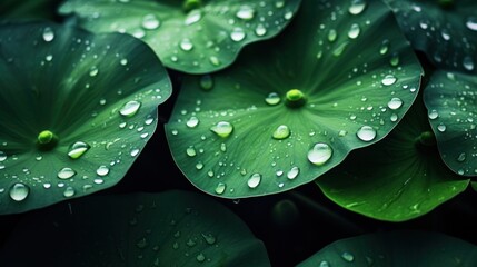 Obraz premium A detailed shot of overlapping lotus leaves, each adorned with tiny glistening dewdrops, highlighting the natural beauty