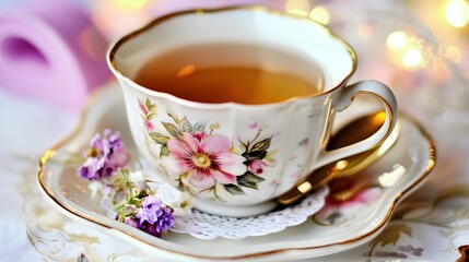 Fototapeta premium Exquisite porcelain teacup showcasing intricate floral patterns set against the backdrop of a beautifully aged and textured vintage tablecloth creating a timeless and elegant still life composition