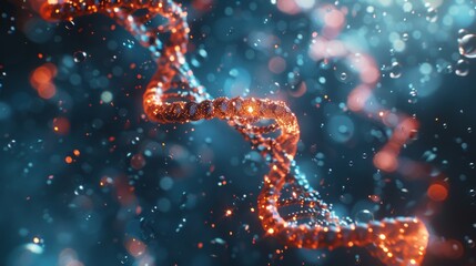 Beautiful spiral of red DNA double helix with light bokeh and bubbles, gracefully floating on a blue background