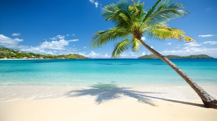 Breathtaking tropical beach with pristine white sand and turquoise waters inviting visitors to relax unwind and immerse themselves in the serene and picturesque natural beauty of this exotic paradise