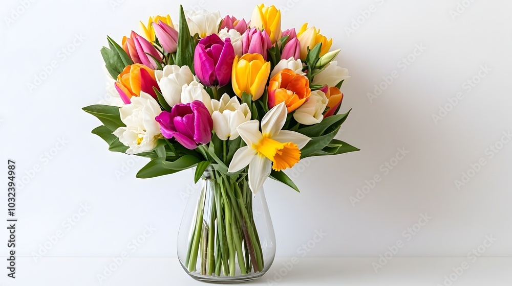 Poster Beautifully arranged spring flower bouquet including tulips lilies and daffodils in a minimalist glass vase set against a crisp white background for a serene natural and elegant display