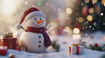 Fototapeta premium A snowman with snowflakes, gifts and mistletoes, the scene should be on the side and use the colors of Christmas