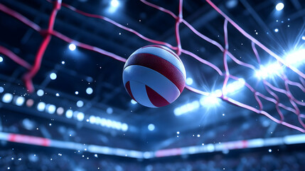 Volleyball Soaring Through Air Over Blurred Stadium Background