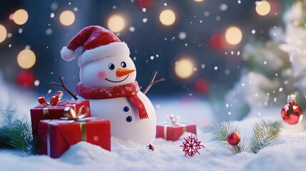 Obraz premium A snowman with snowflakes, gifts and mistletoes, the scene should be on the side and use the colors of Christmas