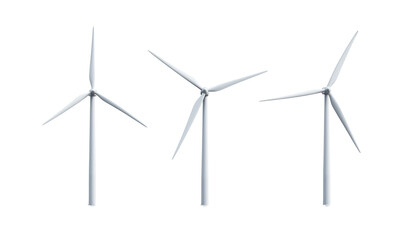 Windmills or wind turbines isolated on transparent PNG or white background. sustainable, renewable electricity, energy concept.