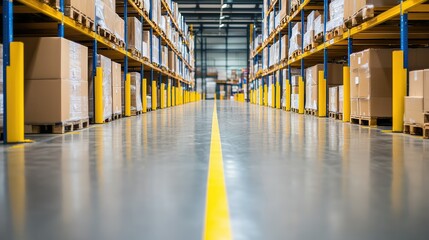 Warehouse interior with organized shelves and boxes.