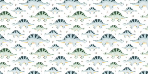 Cute blue sauropod dinosaurs and footprints. Childish background with dinos. Watercolor seamless patterns for design kid's rooms, scrapbook, clothes, textile © Fedulova_art
