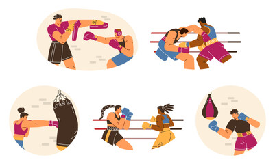 Vector set of illustrations with male and female boxers in individual training and sparring