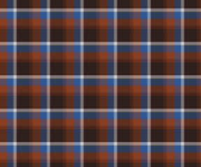 Plaid fabric pattern, brown, blue, orange, white, modern seamless cross lines for textiles, and for designing clothes, skirts or decorative fabrics. Vector illustration.