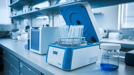 Laboratory, centrifuge, spinning tubes, stainless steel, clinical setting, organized workspace, scientific precision, blue tones