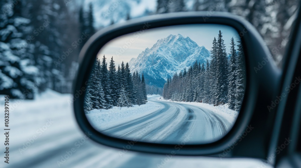 Aufkleber a scenic view features a snow-covered mountain reflected in the side mirror of a car, showcasing a w