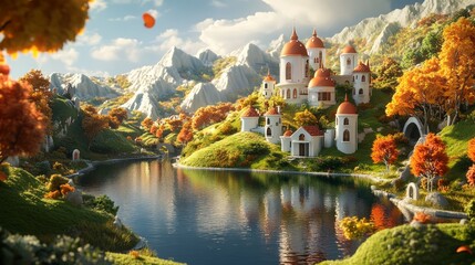 Fototapeta premium A picturesque landscape featuring a serene lake, colorful foliage, and charming architecture.
