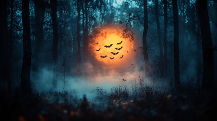 spooky halloween forest with bats and foggy moon