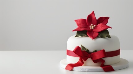 Elegant Christmas Cake with Poinsettia and Red Ribbon