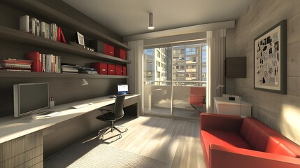 Minimalist and modern home office interior with a clean white desk and sleek computer equipment creating a peaceful and productive workspace environment