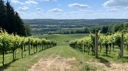 Breathtaking landscape of a picturesque vineyard with rows of lush grapevines stretching out under a clear vibrant blue sky  This serene